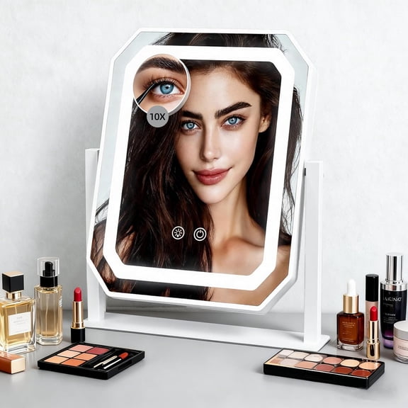 Lighted , 3 Colors for Precise Application, Touch Control Brightness Adjustment for Easy Use, with a Detachable 10x Magnifying Mirror, 12" x 10" Hollywood Vanity Mirror for Plug-in Use