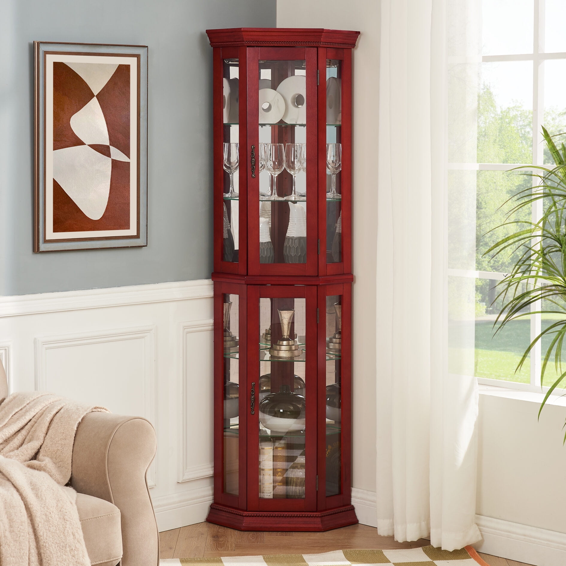 Lighted Glass Display Cabinet - 44"H, Tempered Glass Doors, Adjustable Shelves, Mirrored Back, LED Light, White