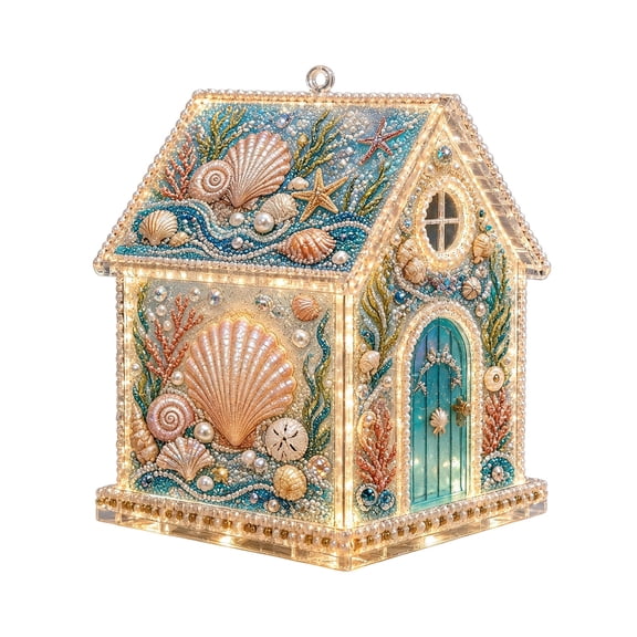 Lighted 3D Christmas House Ornament, 5.71 in Clear Shell Pearl Kit With Rhinestones and Warm LED Lights, DIY Tabletop Decor for Mantel, Shelf and Party - Seashell