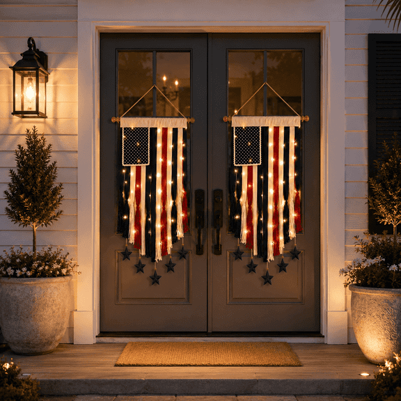 Lighted 3x6 FT American Flag Bunting, LED Patriotic Pleated Half Fan Banner with 3 Grommets, Waterproof Light Up USA Flag for 4th of July, Memorial Day, Independence Day Outdoor Porch Garden Decor