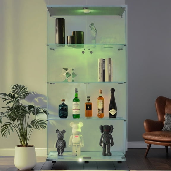 Lighted 4-shelf Glass Showcase - White, 12 Color Options, 65.8”h X 31.79”l 14.53”w, 5mm Tempered Glass, Solid Wood Bottom Shelf, Easy Installation Tall Display Stand Lights, Choices, Cover