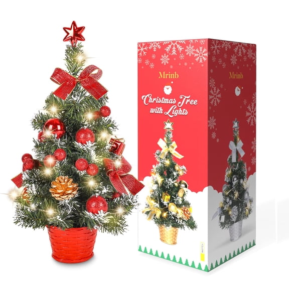 Lighted 45CM Mini Desktop Christmas Tree with Star Topper, Baubles, Bows & Pine Cones, Tabletop Xmas Ornament Decor for Home Office Bar Store