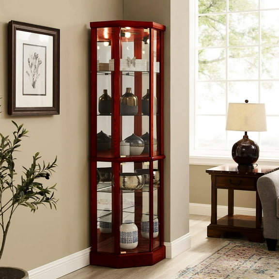 Lighted 6-shelf Curio Cabinet With Adjustable Glass Shelves And Mirror Back In Fashionable Cherry Sideways Mirrored