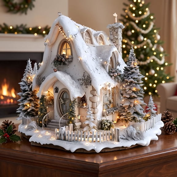 Lighted Acrylic Christmas Snowy Cottage Tabletop Decor, Glowing Winter Chalet Figurine, Warm Holiday Desktop Ornament for Home and Office Centerpieces