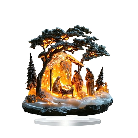 Lighted Acrylic Nativity Scene Christmas Decoration with Glowing Base and Snowy Trees, 1 Piece, Multicolor, for Living Room Mantel, Christmas Ornament