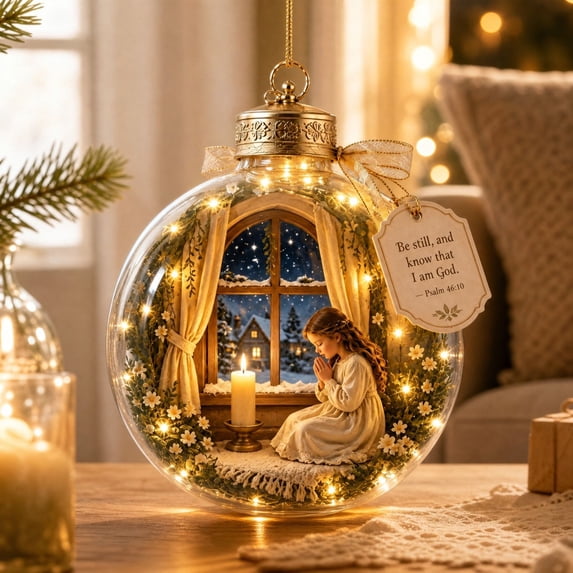 Lighted Acrylic Religious Christmas Ball Ornament, Warm LED Scripture Keepsake Hanging Bauble for Indoor Christmas Tree Home Decor