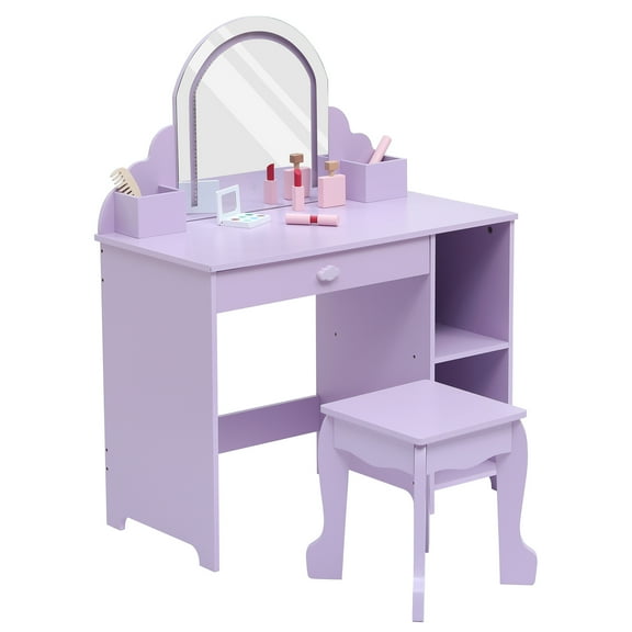 Lighted Adjustable Mirror Vanity Table Set – Wooden Princess Makeup Desk with Stool, Storage Drawer & Open Shelves for Girls 3-9