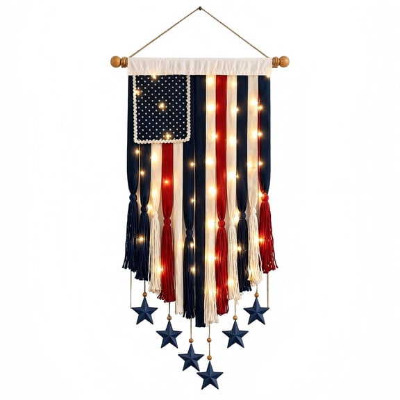 Lighted American Flag Banner 4 x 2.3 Ft, Patriotic Rag Bunting with Warm LED Lights & Remote, Rustic Cotton Flag Wall Hanging for 4th of July Porch, Garden & Outdoor Decor