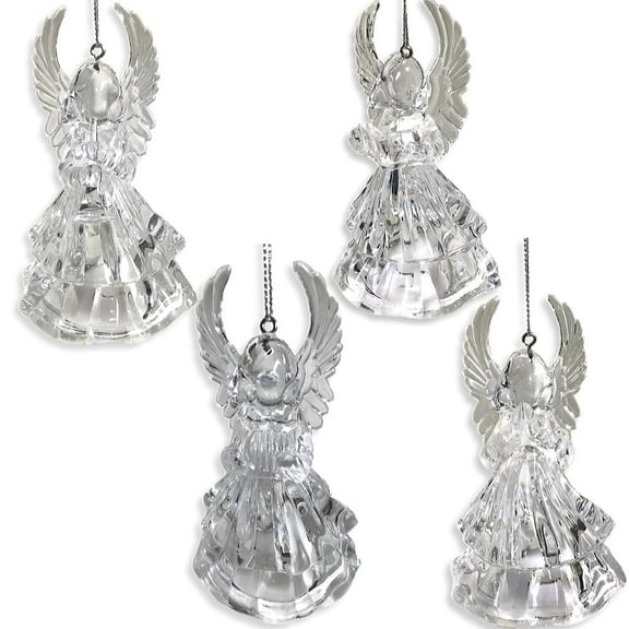 Angel Lighted Christmas Ornaments - Set of 4 - Reading a Book - Horn - Harp - Praying - Clear Lighted Acrylic Angel Figurines - 4.25" Tall- 9499