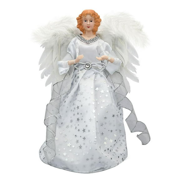 Lighted Angel Christmas Tree Topper, Warm White LED Lights, Fabric Angel Ornament
