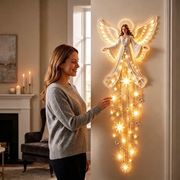 Lighted Angel Wall Decor, Glowing Christmas Angel Hanging Decoration with Warm LED Lights for Indoor Holiday Home Decor