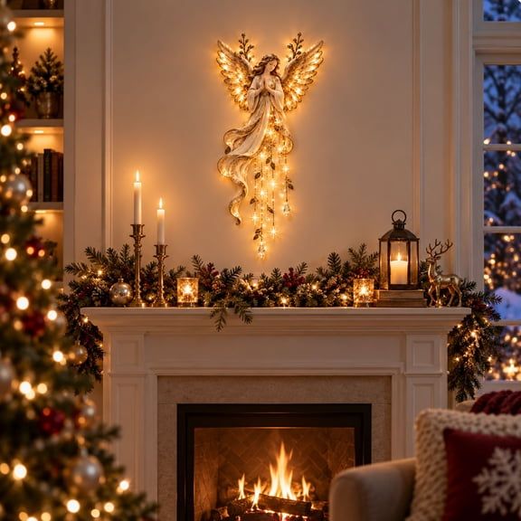Lighted Angel Wall Decor, Praying Angel with LED String Lights and Crystal Ornaments, Elegant Angel Wall Art Hanging Decoration for Christmas Home Indoor Wall Decor