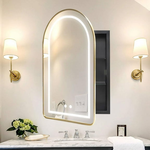 Lighted Arched Medicine Cabinet with LED Mirror - 20x31 Inch Recessed Bathroom Storage, Gold Arched Wall Mounted Mirror Cabinet, Arch Medicine Cabinet with Lights,Anti-Fog