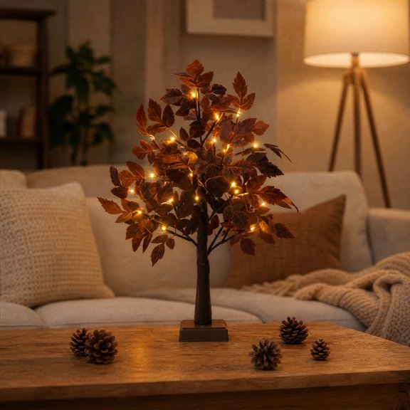Lighted Artificial Autumn Leaf Tree Indoor Tabletop Decor | Thanksgiving Decor, Freestanding Base, Fall Foliage Design, Table Top Display, Lighted Trees for Indoor Decor, Light up Tree