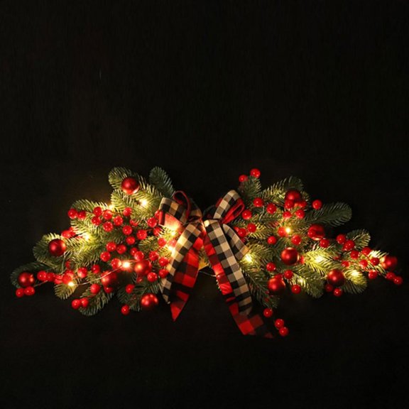 Lighted Artificial Christmas Swag Decoration, Xmas Mailbox Swag with Buffalo Plaid Bow Pine Cones Red Berries and LED Lights for Christmas Holiday Home Decor