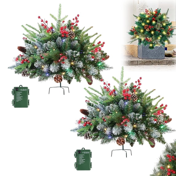 Lighted Artificial Christmas Urn Filler, Pre-lit Xmas Pine Trees with Cones, Golden & Red Berries, Tripod Stake and 60 LED Lights, Outdoor Light Up Planter Filler Holiday Home Decor, 2 Pack