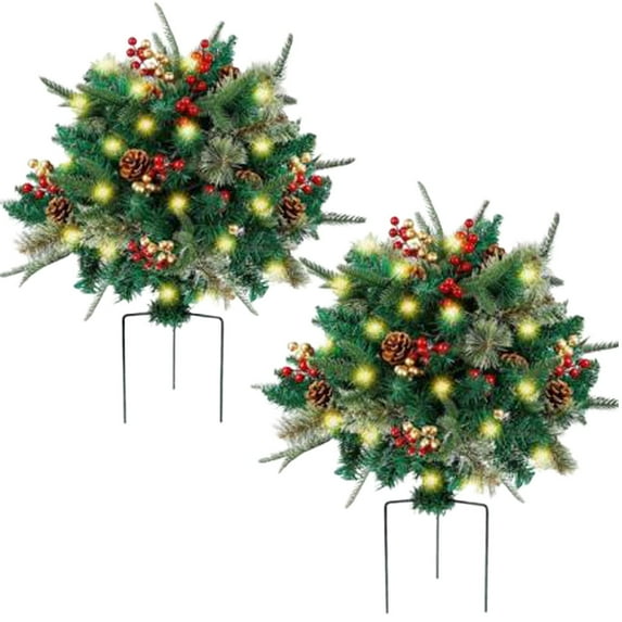Lighted Artificial Christmas Urn Filler, Pre-lit Xmas Pine Trees with Cones, Golden & Red Berries, Tripod Stake and LED Lights, Outdoor Light Up Planter Filler Holiday Home Decor, 2 Pack