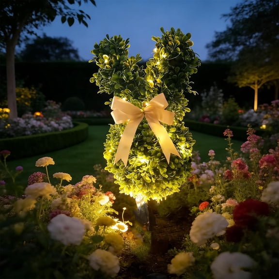 Lighted Artificial Easter Bunny Topiary Trees with Ground Spike, 22" Pre-lit Boxwood Bunny Topiary Outdoor for Easter Porch Decor, Lifelike Rabbit Shaped Faux Topiary for Garden Yard (1, Lighted)