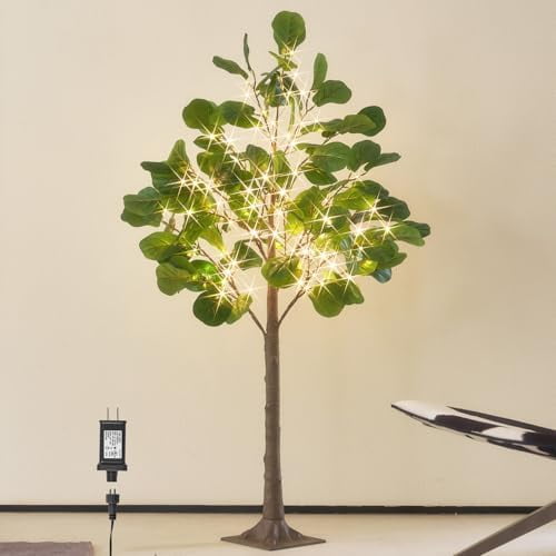 Lighted Artificial Fiddle Leaf Fig Tree 4FT 102 LED Fairy Lights, Faux Plant Tree with Lights for Home Room Spring Christmas Decoration Indoor$$Home Decor, Kitchen, & Other