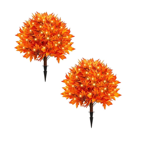 Lighted Artificial Maple Topiary Tree with Ground Spike,Waterproof LED Fall Foliage Decor for Garden Pathway,Halloween Thanksgiving Outdoor Indoor Display,2 Pieces
