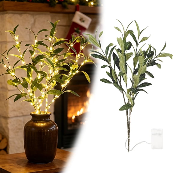 Lighted Artificial Olive Branch, Single LED Fairy Light Olive Stem with Olives & Battery Box, Green Olive Sprig for Farmhouse Home Table Vase Decor