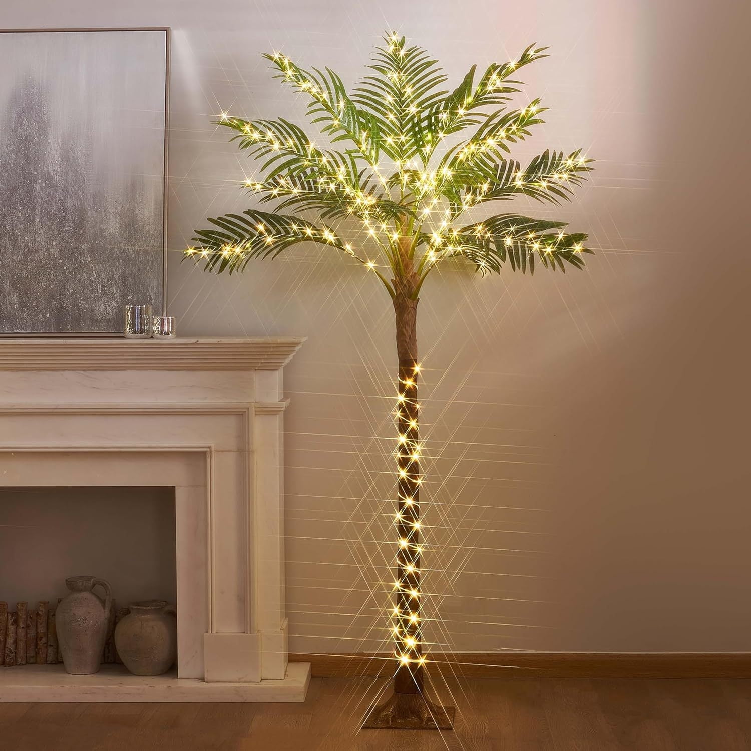 Lighted Artificial Palm Tree 6FT Fairy Lights, Faux Plant Tree with Lights, Artificial Silk Palm Tree Plant, Fake Tropical Plant, Home Office Floor Room Decor Plants Indoor Outdoor, Housewarming Gift