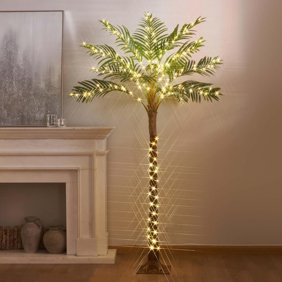 Lighted Artificial Palm Tree 6FT Fairy Lights, Faux Plant Tree with Lights, Artificial Silk Palm Tree Plant, Fake Tropical Plant, Home Office Floor Room Decor Plants Indoor Outdoor, Housewarming Gift