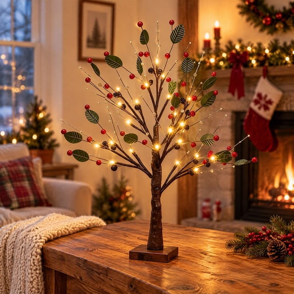 Lighted Artificial Red Berry Christmas Tree, LED Light Up Table ...