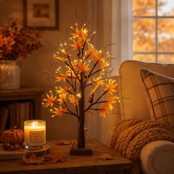 Lighted Autumn Maple Tree with Squirrel Accents,Glowing Fall Tabletop Decoration with Warm Lights,Festive Harvest Decor for Mantel and Dining Table