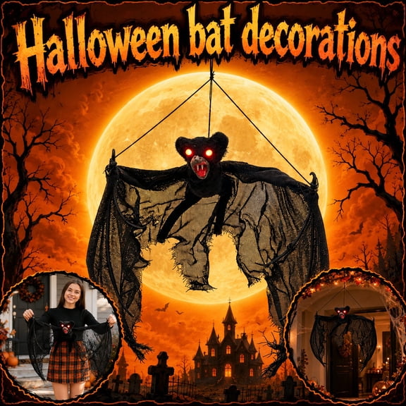 Lighted Bat Hanging Decor 23.6in, Glowing Flying Halloween Prop, Spooky Indoor Outdoor Ornament for Front Yard Porch Tree Haunted House Party Setup