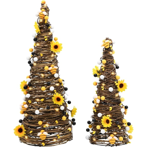 Lighted Bee Sunflower Rattan Tree Set of 2 Warm LED String Lights Yellow Brown