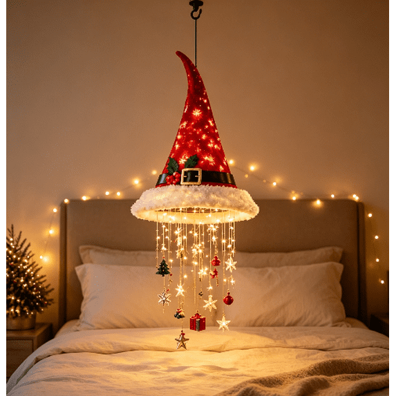 Lighted Belted Santa Hat Hanging Chandelier, Warm LED Christmas String Light, Indoor Covered Outdoor Porch Holiday Decor for Xmas Party