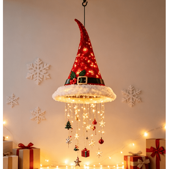 Lighted Belted Santa Hat Hanging Chandelier, Warm Twinkling LED String Light, Christmas Home Accent Decor & Holiday Present for Family