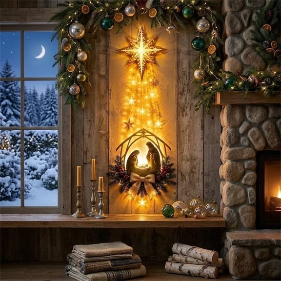 Lighted Bethlehem Star Christmas Nativity Scene Wall Hanging Decoration with Warm LED Lights, Religious Indoor Outdoor Holiday Decor for Living Room Fireplace Porch, Christmas Gift