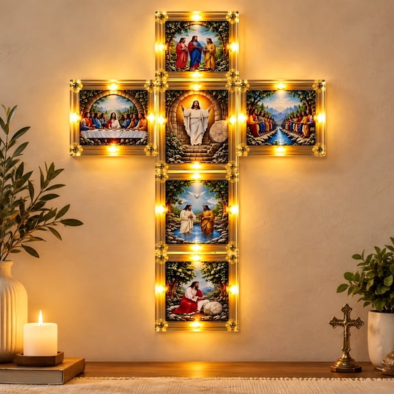 Lighted Biblical Wall Cross, Illuminated Christian Cross Wall Art with Warm LED Lights, Jesus and Bible Story Picture Panels, Religious Wall Decor for Home Prayer Room Church Display, 14" x 10"
