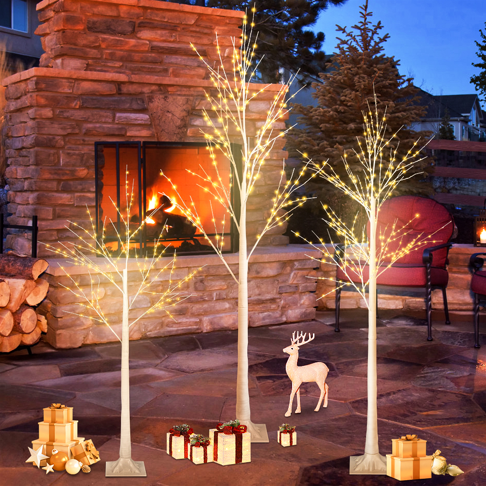 Lighted Birch Tree, 3PCS 4FT/5FT/6FT Prelit Birch Tree with Warm White Light, Lighted White