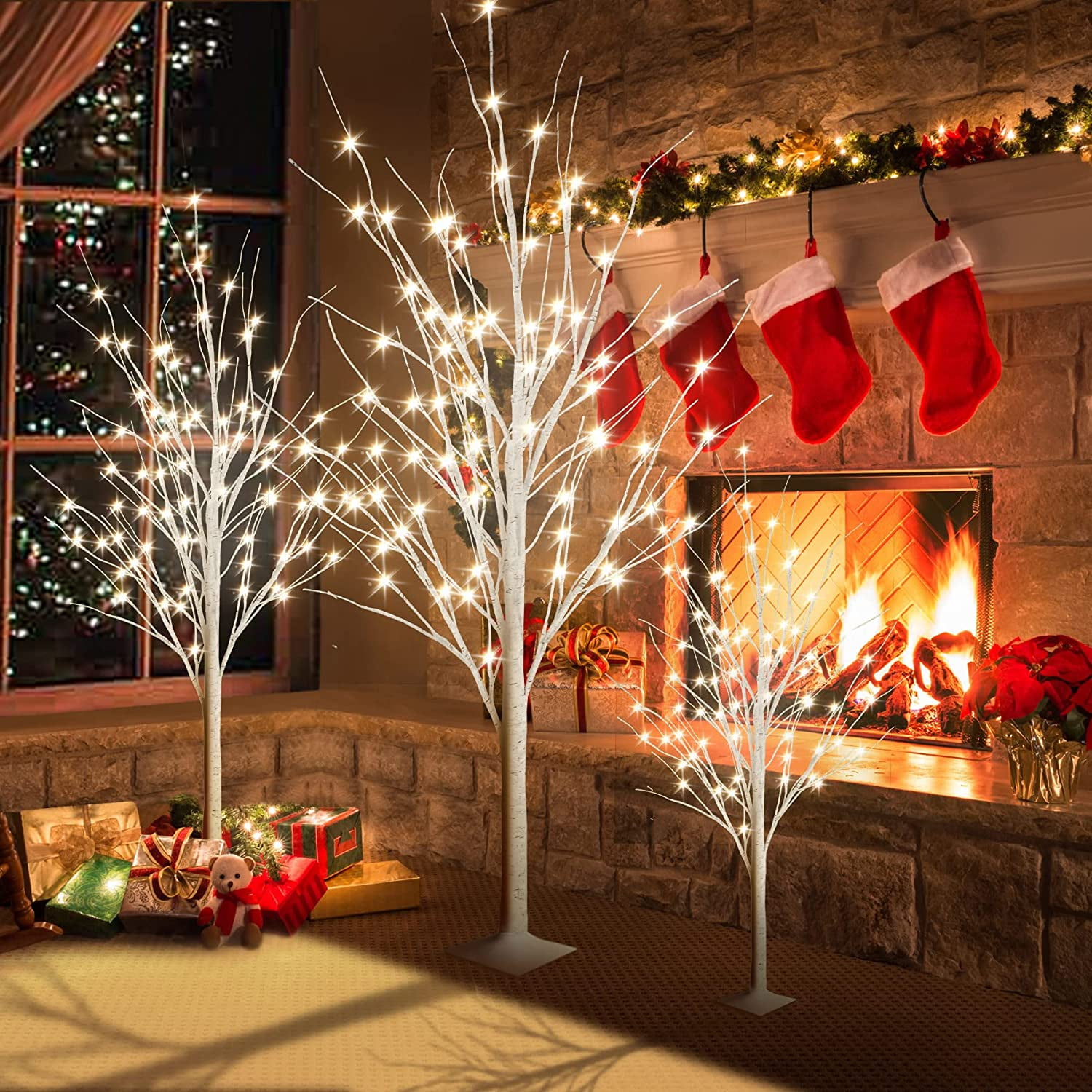 Lighted Birch Tree for Christmas Decor, Pack of 3 Prelit Christmas Tree ...
