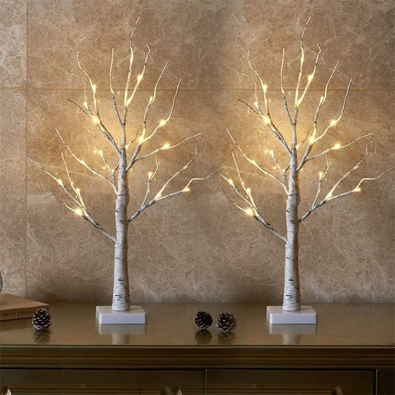 Lighted Birch Tree for Christmas Decor, Table Decorations Indoor, 2Pack 24 LED Battery Operated/USB Tabletop Mini Artificial White Trees with Lights for Winter Home Centerpiece Mantel (2FT)