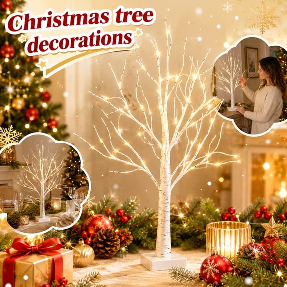 Lighted Birch Tree Christmas Decoration, Warm White LED Tabletop Tree with Lights, Battery Operated Indoor Holiday Centerpiece (white)