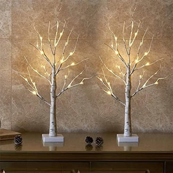 Lighted Birch Tree Christmas Decorations Indoor for Home, 2Pack 24 LED Battery Operated/USB Tabletop Mini Small Artificial White Trees with Lights for Table Mantel Winter Xmas Decor (2FT)