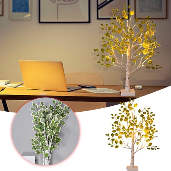 Lighted Birch Trees with Green Leaves for Indoor Decor Light Up Tree Lamp Fairy Light Spirit Tree for Christmas Office Wedding Home Decorations Battery Powered Tabletop Display (Not Include)