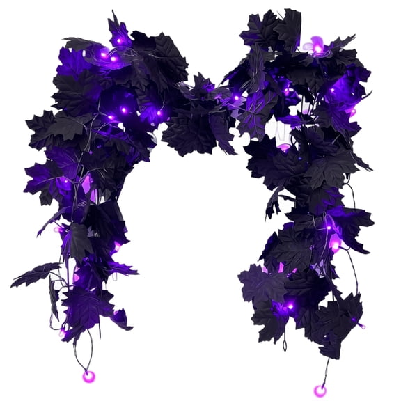 Lighted Black Maple Leaf Garland, 5.57ft Faux Dark Foliage Vine with LED, Glowing Holiday Hanging Decor for Halloween Door Mantel Display