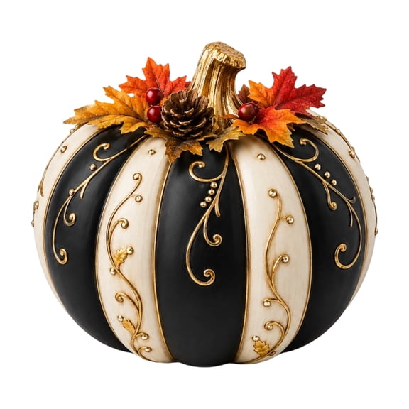 Lighted Black and Ivory Fall Pumpkin Decor, Warm Flickering LED Table Centerpiece with Pinecone and Autumn Leaves for Halloween