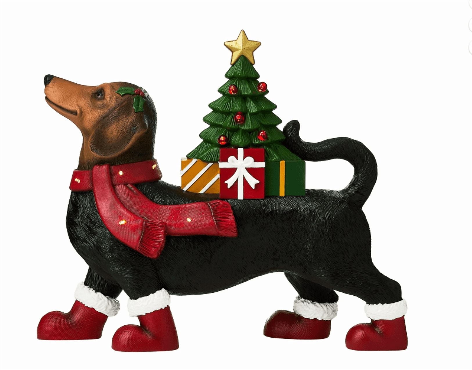 Lighted Blow Mold Dachshund Outdoor Christmas Decoration with Scarf, Boots & Tree Black Holiday Décor for Yard or Porch, 8“