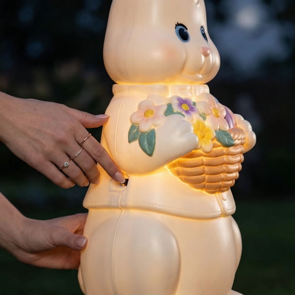 Lighted Blow Mold Easter Bunny 12" Figurine - Pre-Lit White Rabbit with Egg Basket - Vintage Style Weatherproof Spring Decor for Porch & Garden
