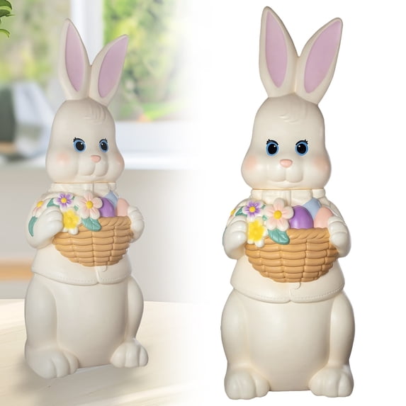 Lighted Blow Mold Easter Bunny Figurine, 8" White Bunny with Eggs Basket, Weatherproof Outdoor Indoor Easter Decor, Nostalgic Blow Mold Bunny for Porch, Yard & Spring Holiday Decorations