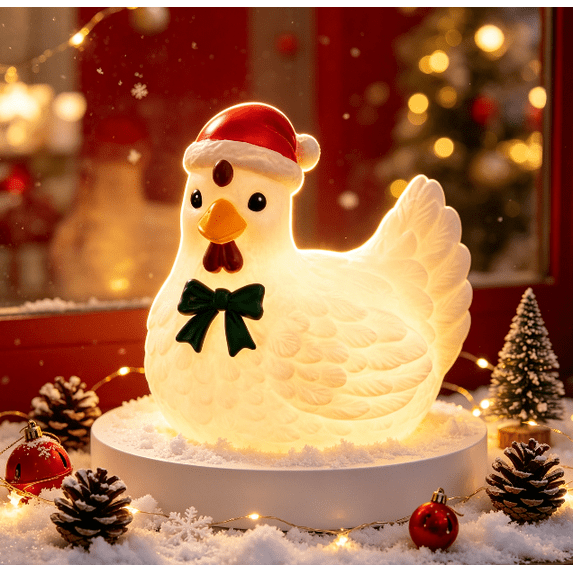 Lighted Blow Mold Hen Figurine with Santa Hat and Green Bow, Blow Mold LED Lighted Christmas Hen 7.87in, Vintage Farmhouse Tabletop Mantel Home Holiday Decoration