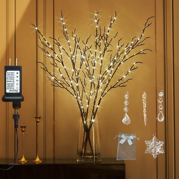 Lighted Branches Plug in 32IN 200 LED Mantle Winter Decor, Brown Twig Branch Lights for Christmas Holiday Party Indoor Outdoor