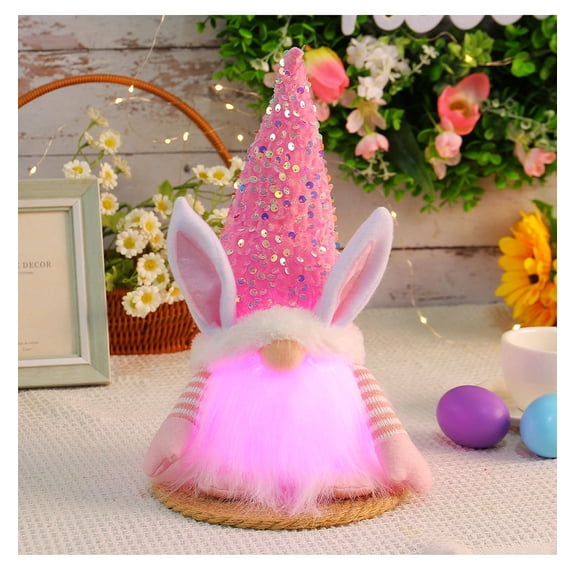 Lighted Bunny Easter Gnome Plush, Handmade Scandinavian Swedish Tomte, Light Up Elf Toy Easter Present, Battery Operated Rabbit Gifts Spring Tabletop Easter Holiday Decorations