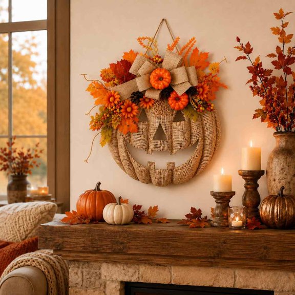 Lighted Burlap Pumpkin Wreath with , Fall Front Door Decor, Warm LED Glow, Remote Control, Rustic Burlap Texture, Autumn Florals, Covered Porch, Halloween, Thanksgiving
